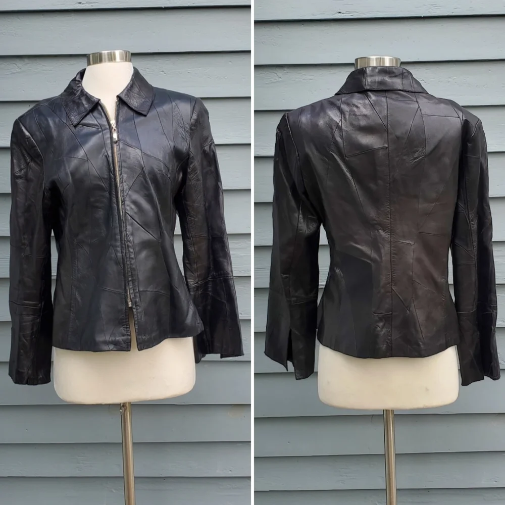 Vintage 90s y2k Privilege Black Leather Patchwork Zip Front Sexy Moto Car Coat S